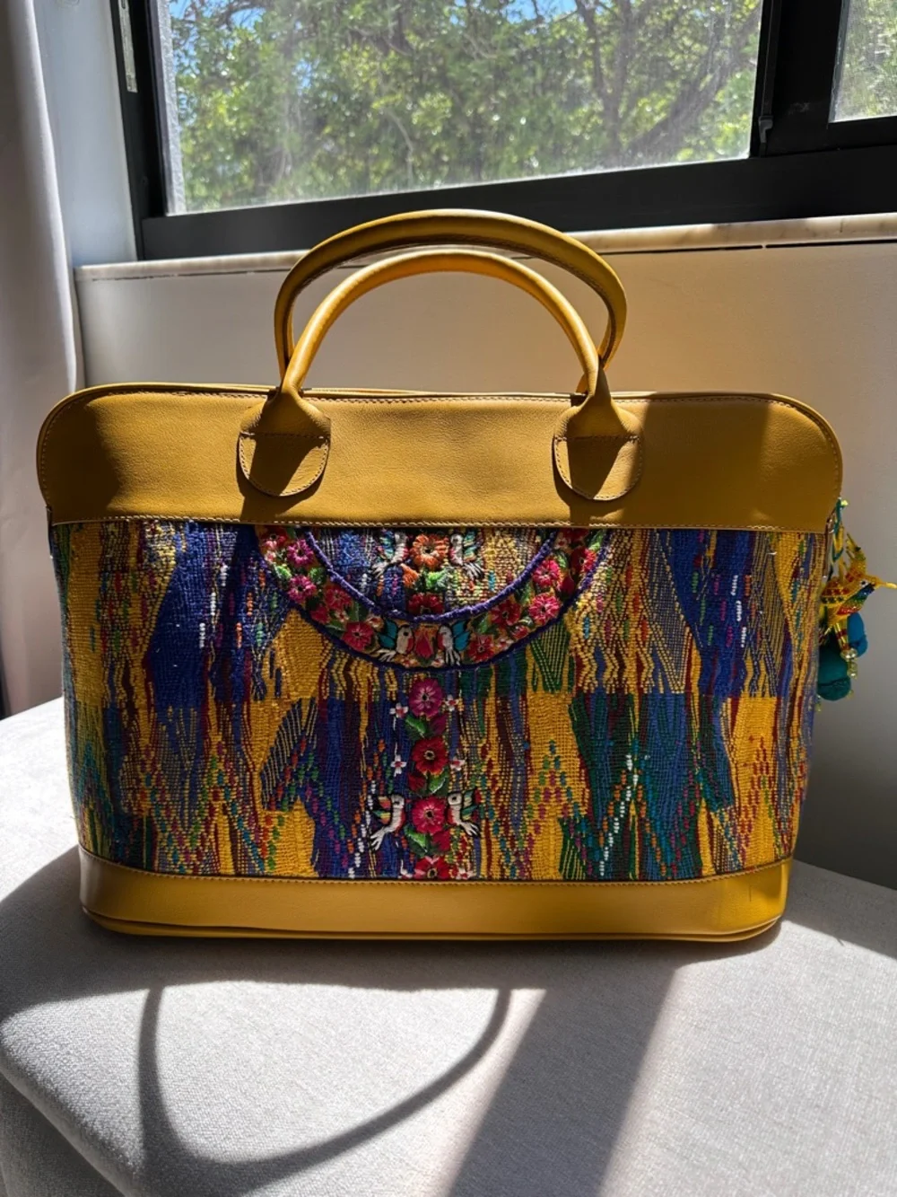 Guatemalan  leather and Embroidered Travel Tote Bag with Multicolor Panel - Picture 3 of 17